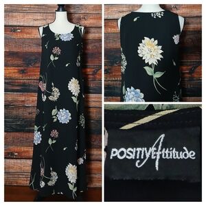 Positive Attitude Vintage 90s Maxi Dress 8 Black Floral USA Made